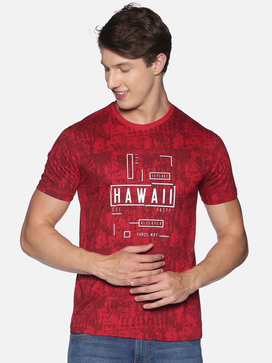 

Force NXT Men Printed Pack of 1 Super Combed Cotton T-Shirt, Red