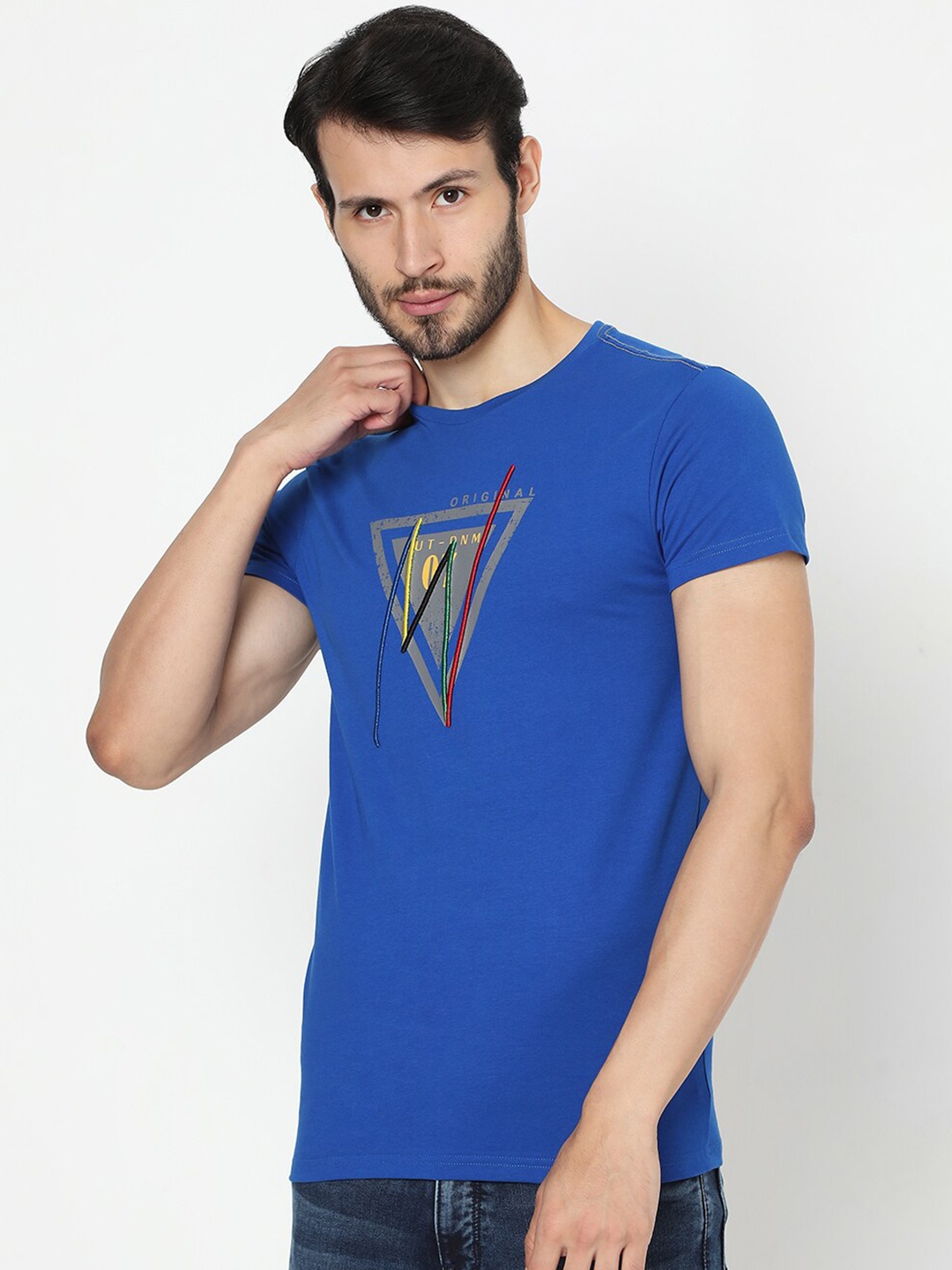 

Rex Straut Jeans Men Blue Printed Round Neck Pure Cotton T-shirt