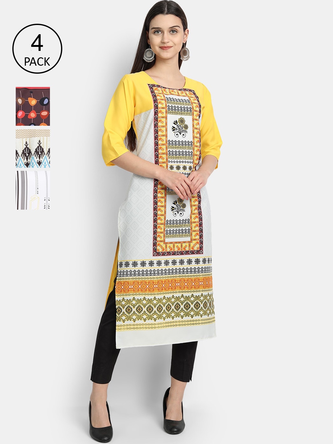 

Ethnic basket Women Pack of 4 Multicoloured Geometric Printed Crepe Kurta, Multi