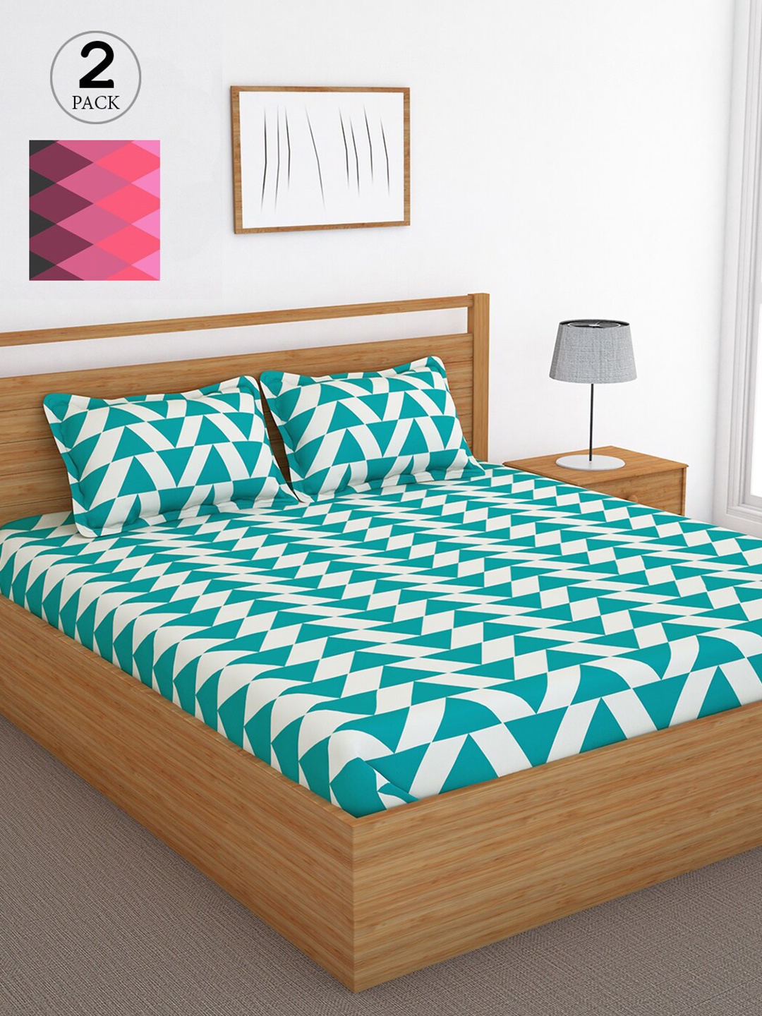 

Bedspun Turquoise Blue & Pink Geometric 120 TC Cotton 2 Queen Bedsheet with 4 Pillow Covers