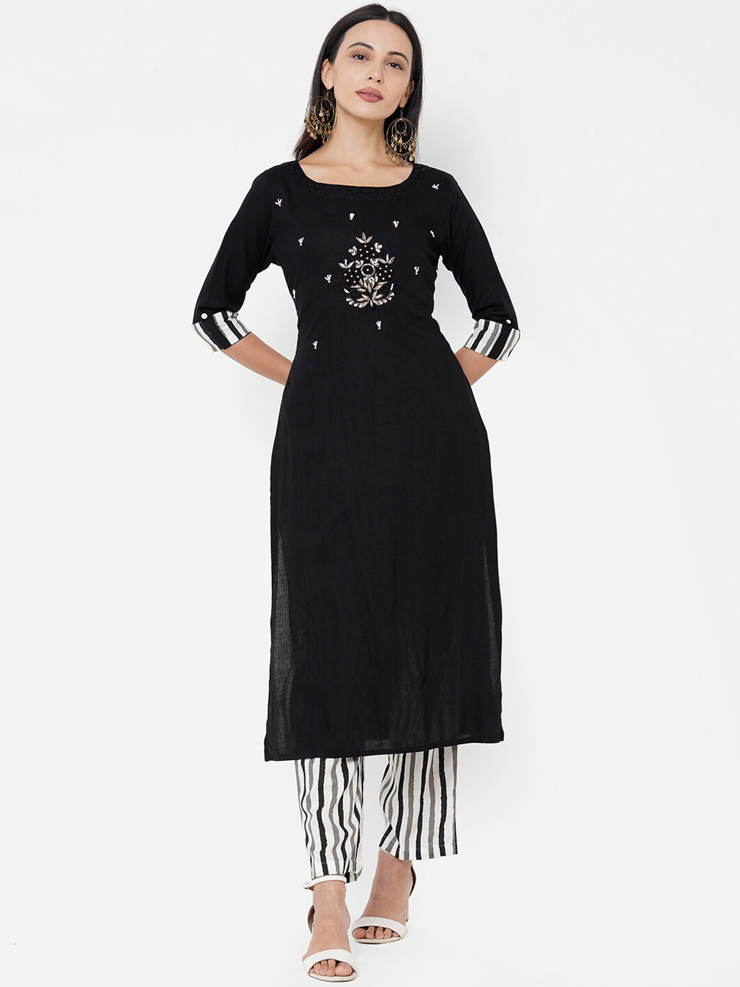 

FASHOR Women Black Embroidered A-Line Thread Work Kurta with Palazzos