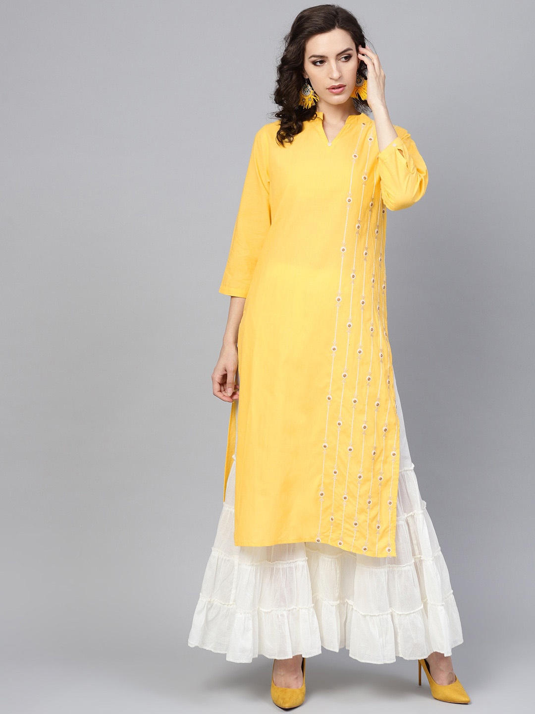 

Indo Era Women Yellow Ethnic Motifs Embroidered Kurta
