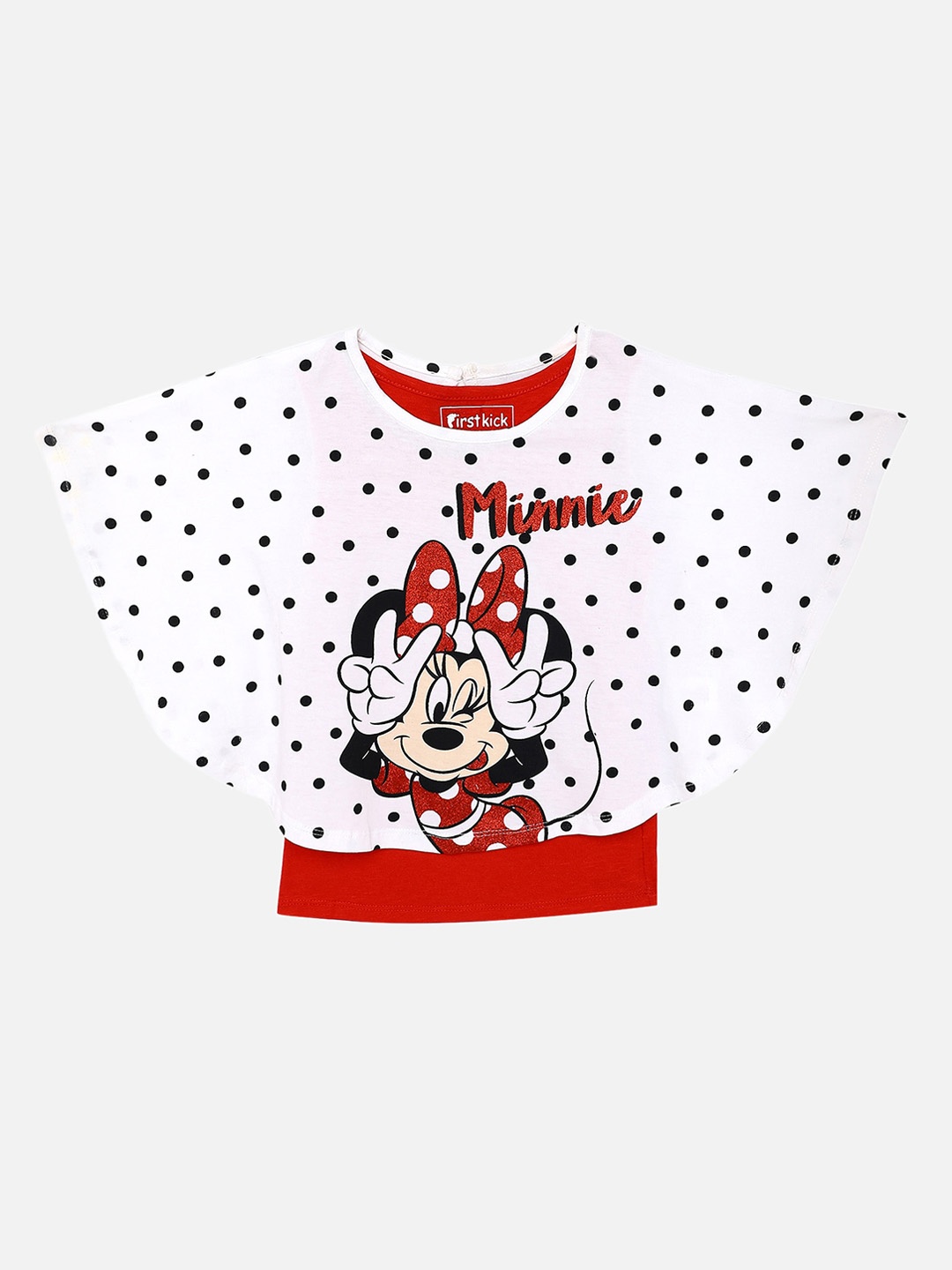 First Kick Girls White & Black Polka Dots Minnie Mouse Printed Top
