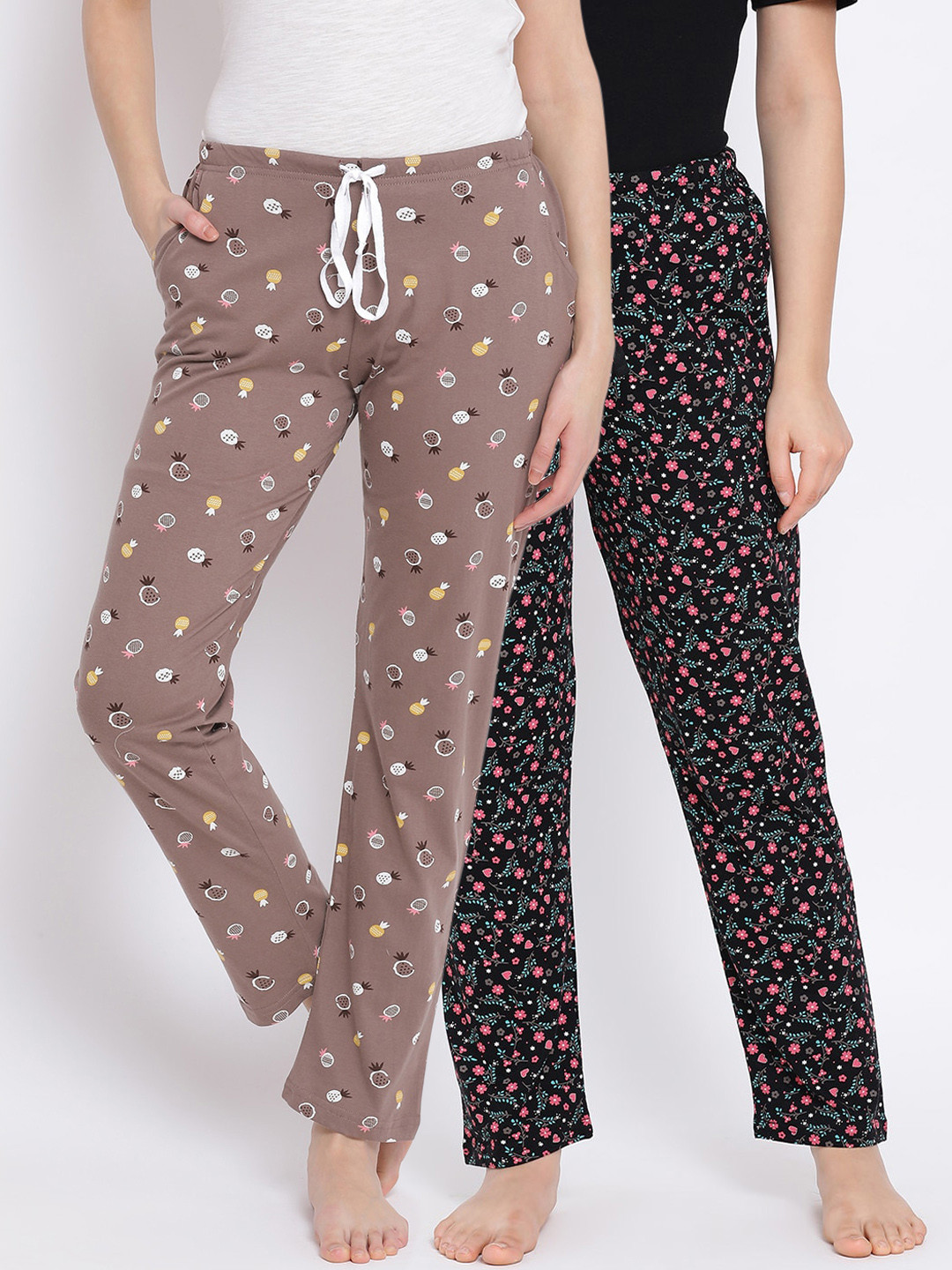 

Kanvin Women Pack Of 2 Printed Pure Cotton Lounge Pants, Black