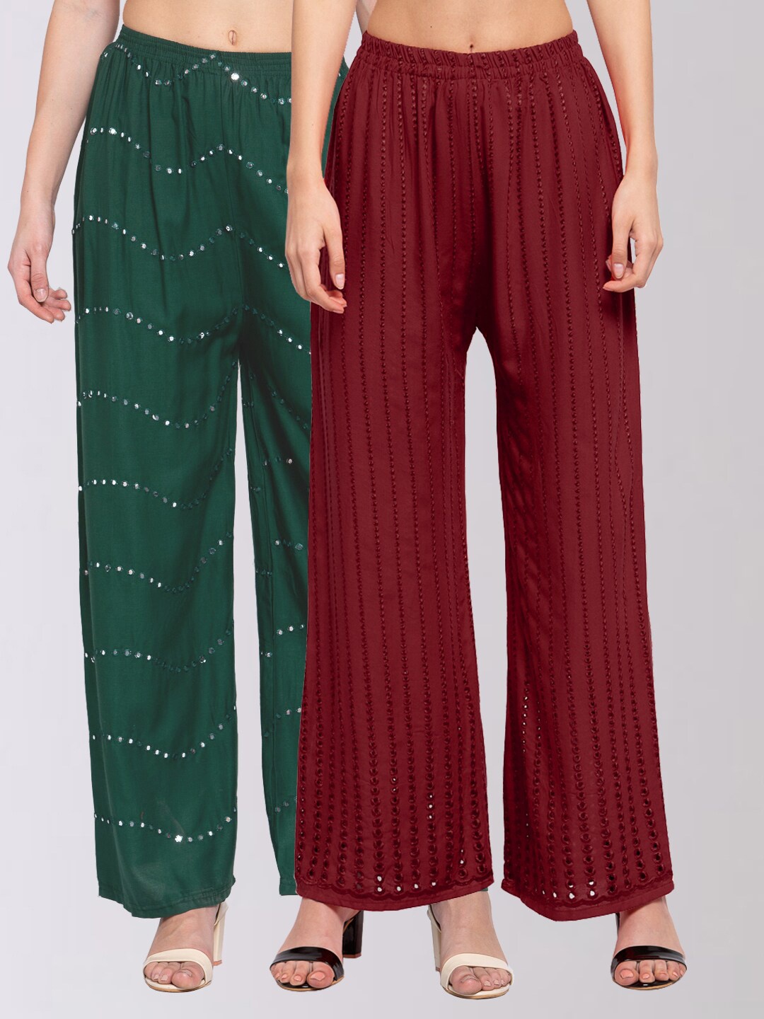 

KLOTTHE Women Pack of 2 Green & Maroon Embroidered Wide Leg Palazzos