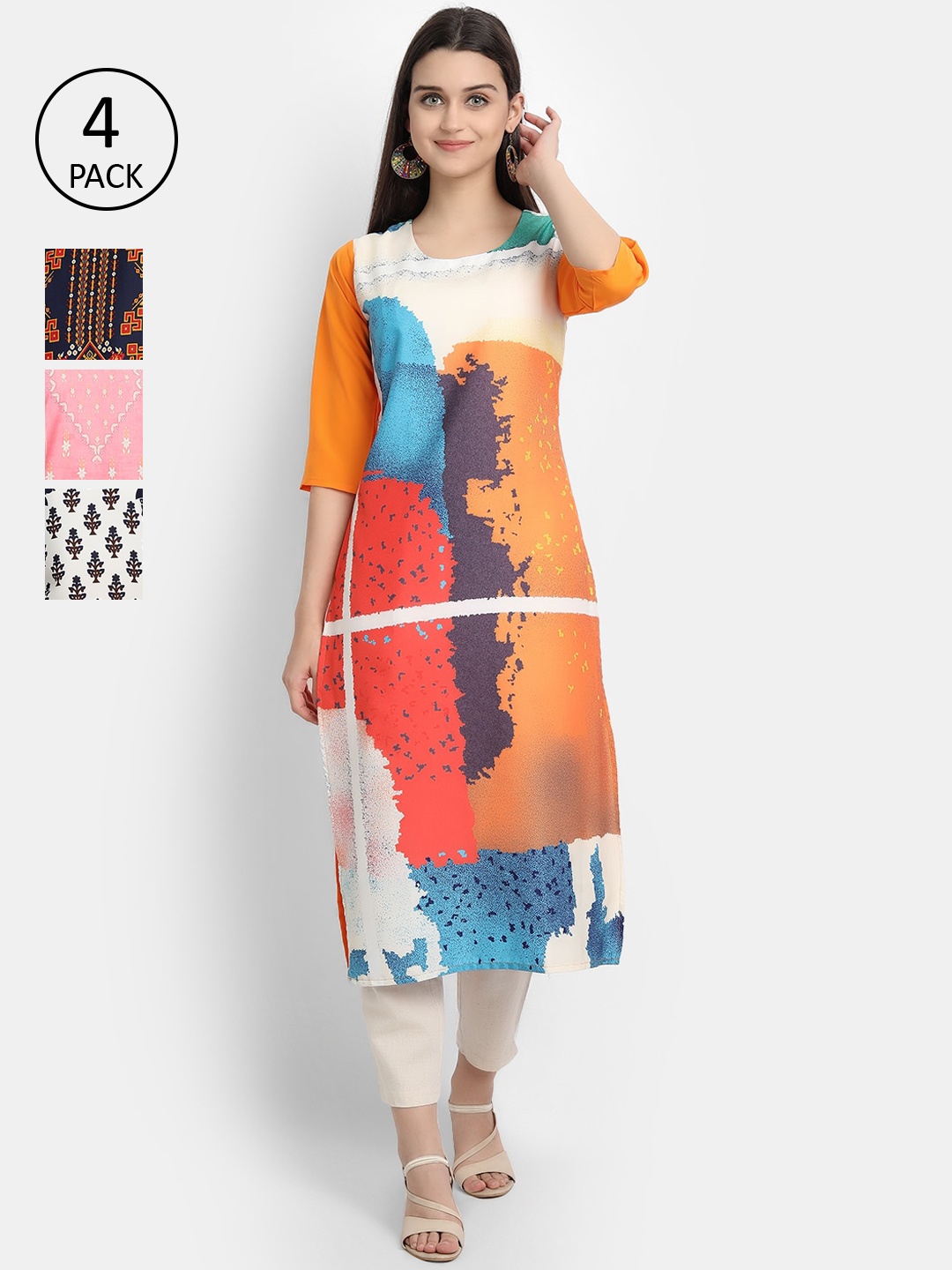 

Ethnic basket Women Multicoloured Floral Embroidered Flared Sleeves Thread Work Crepe Kurta, Multi