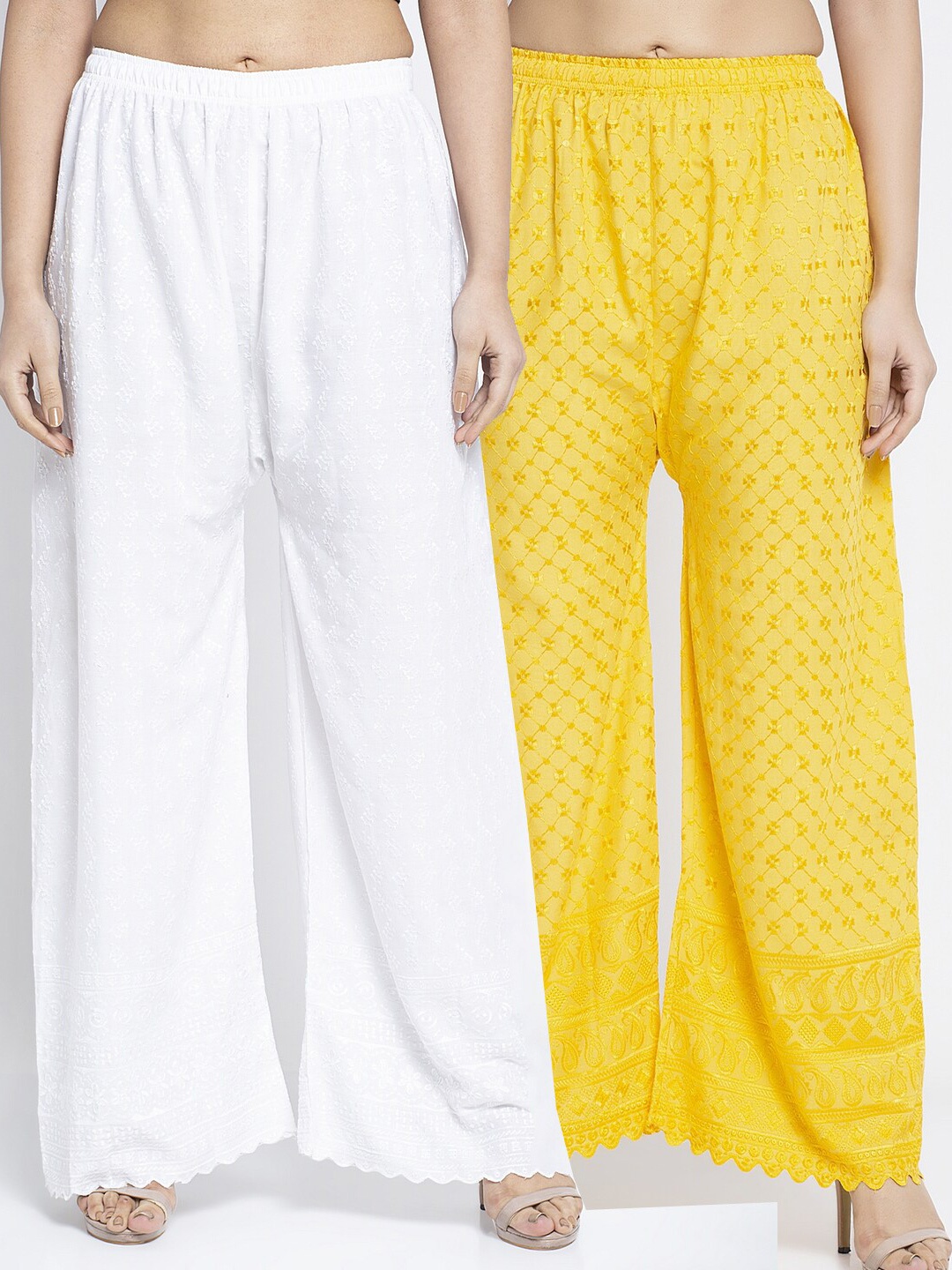 

GRACIT Women Pack of 2 White & Yellow Embroidered Wide Leg Palazzos
