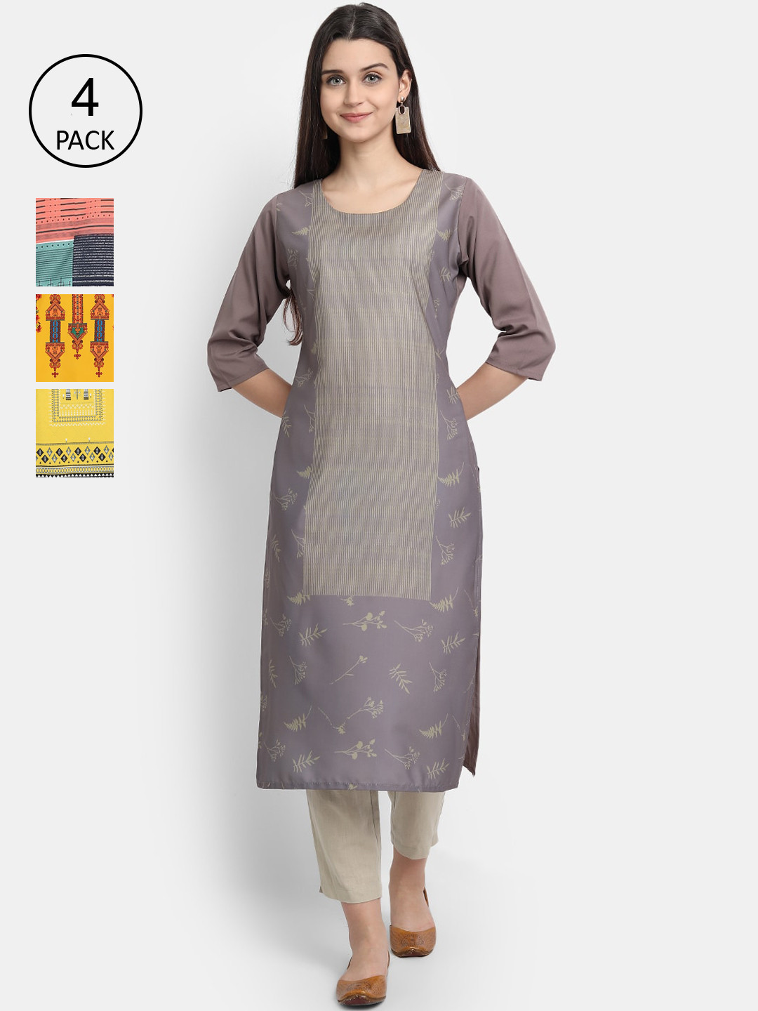 

Ethnic basket Women Pack Of 4 Ethnic Motifs Printed Crepe Kurta, Grey