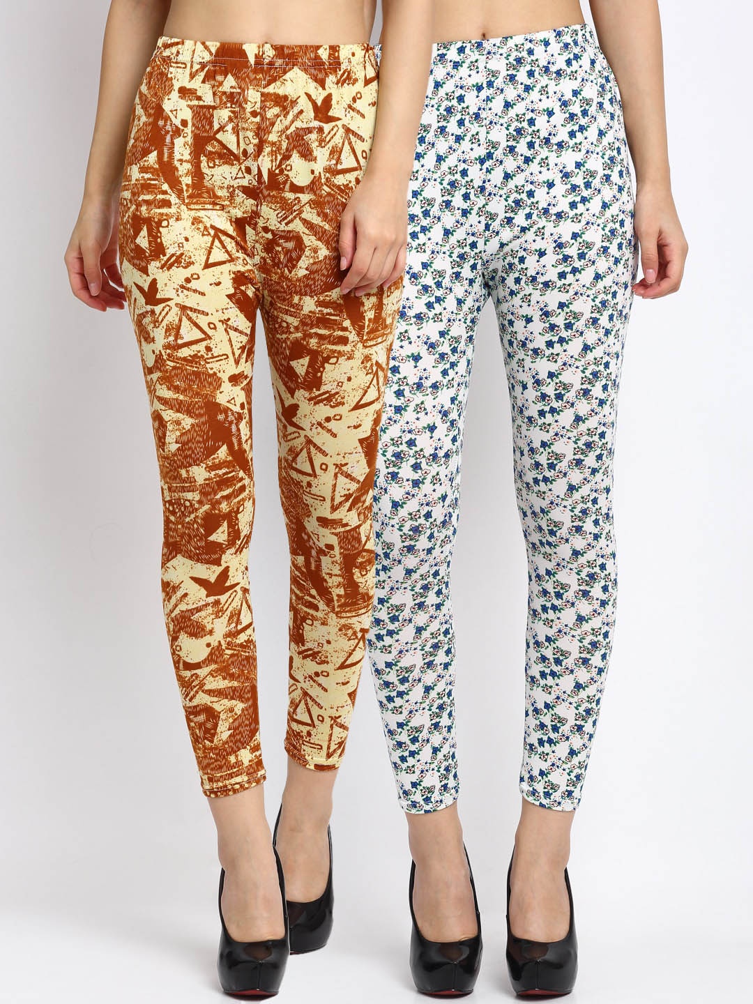 

NEUDIS Women Pack Of 2 Printed Skinny-Fit Ankle-Length Leggings, Yellow