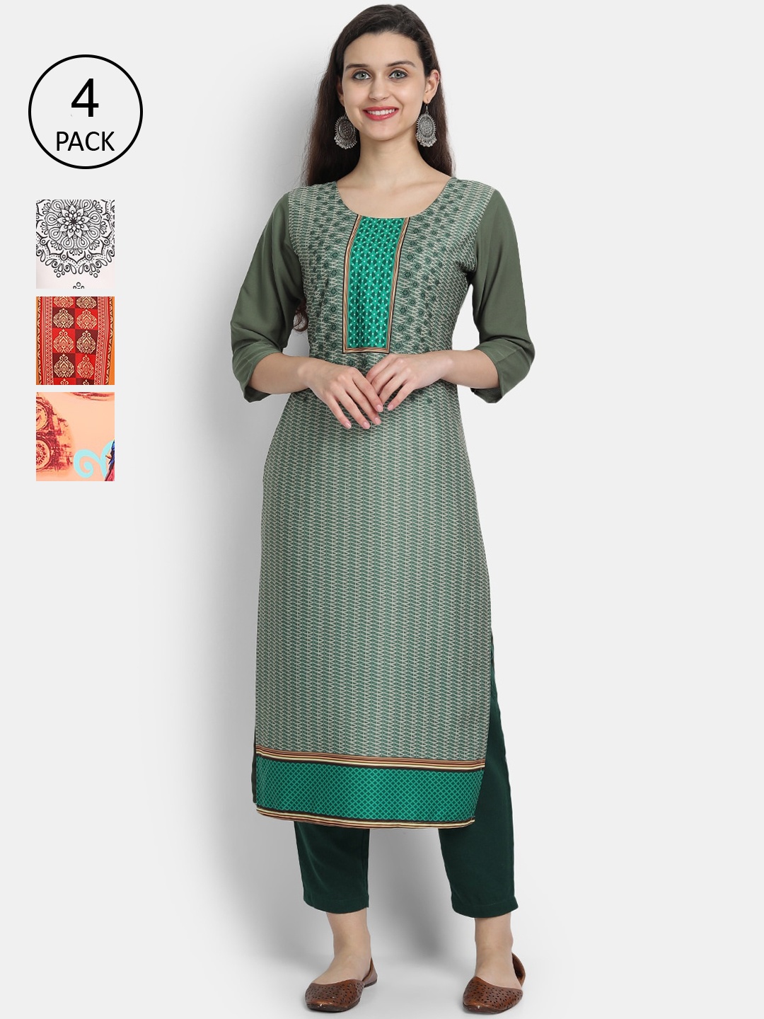 

Ethnic basket Women Pack Of 4 Printed Crepe Kurtas, Green