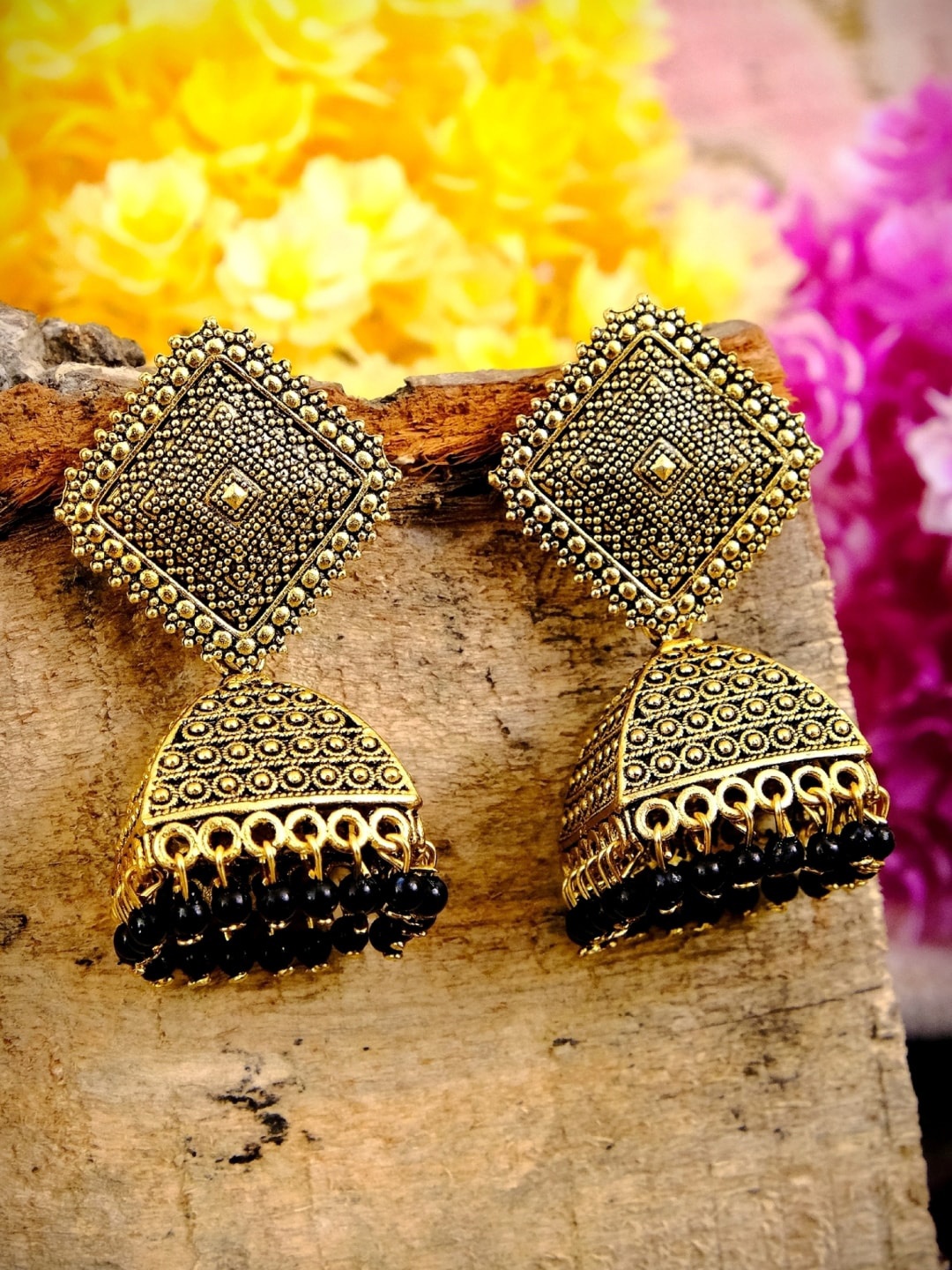 

Crunchy Fashion Gold-Plated & Black Handcrafted Contemporary Jhumkas