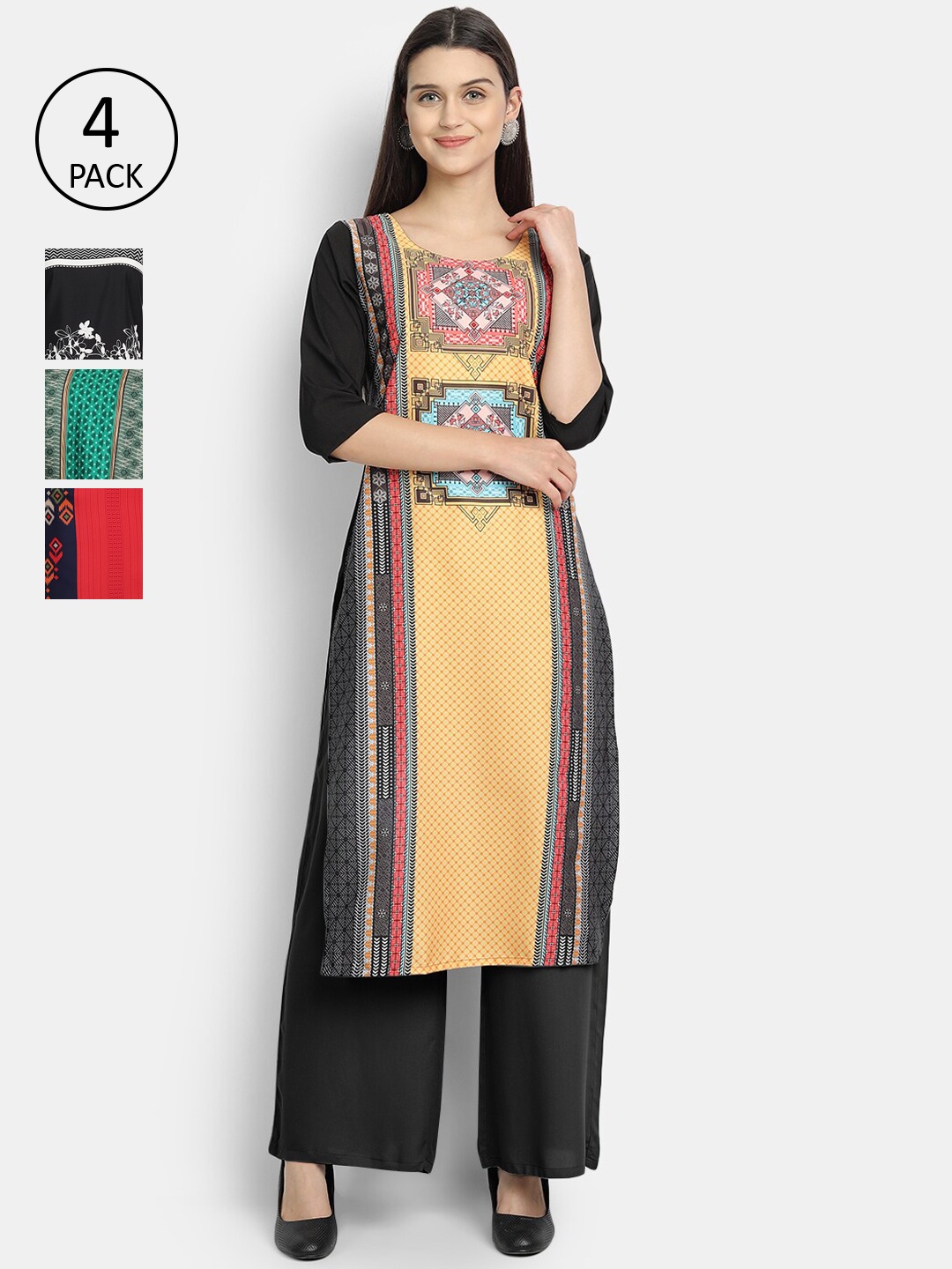 

Ethnic basket Women Pack of 4 Printed Crepe Kurtas, Yellow
