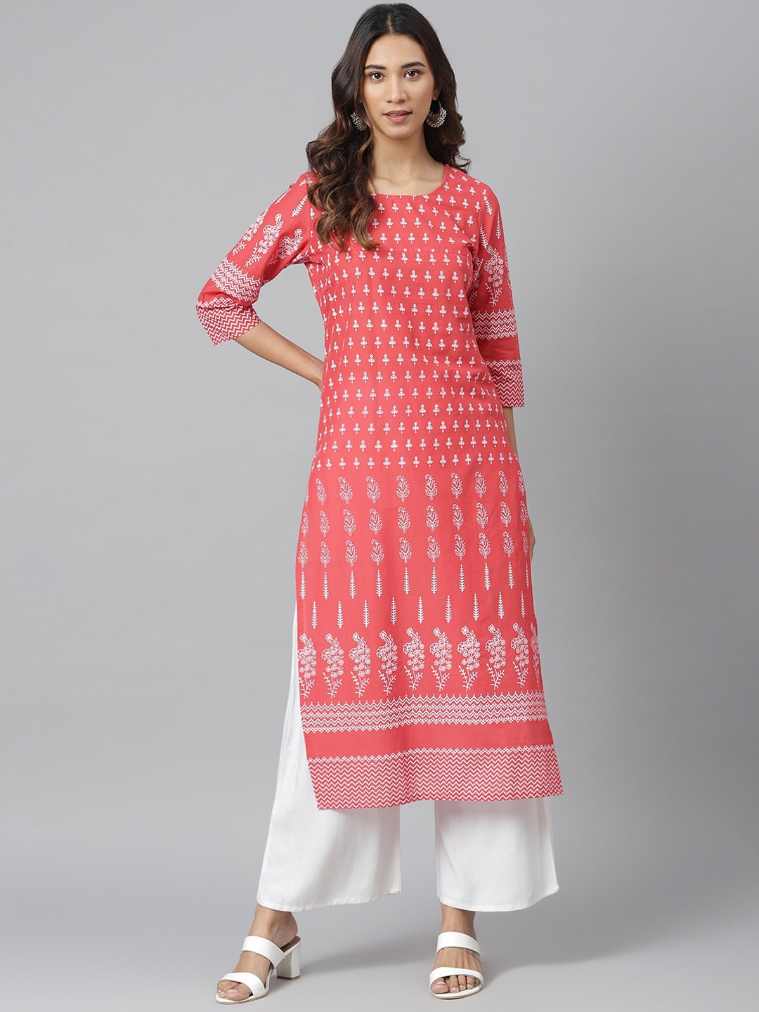 JAIPUR ATTIRE Women Pink & White Ethnic Motifs Printed Kurta