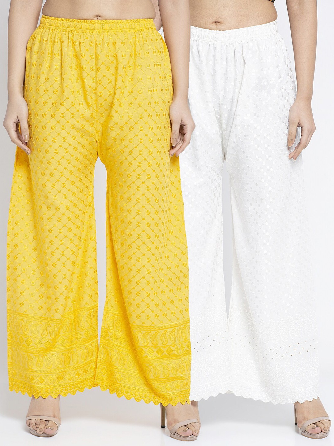

GRACIT Women Pack of 2 Yellow & White Embroidered Wide Leg Palazzos