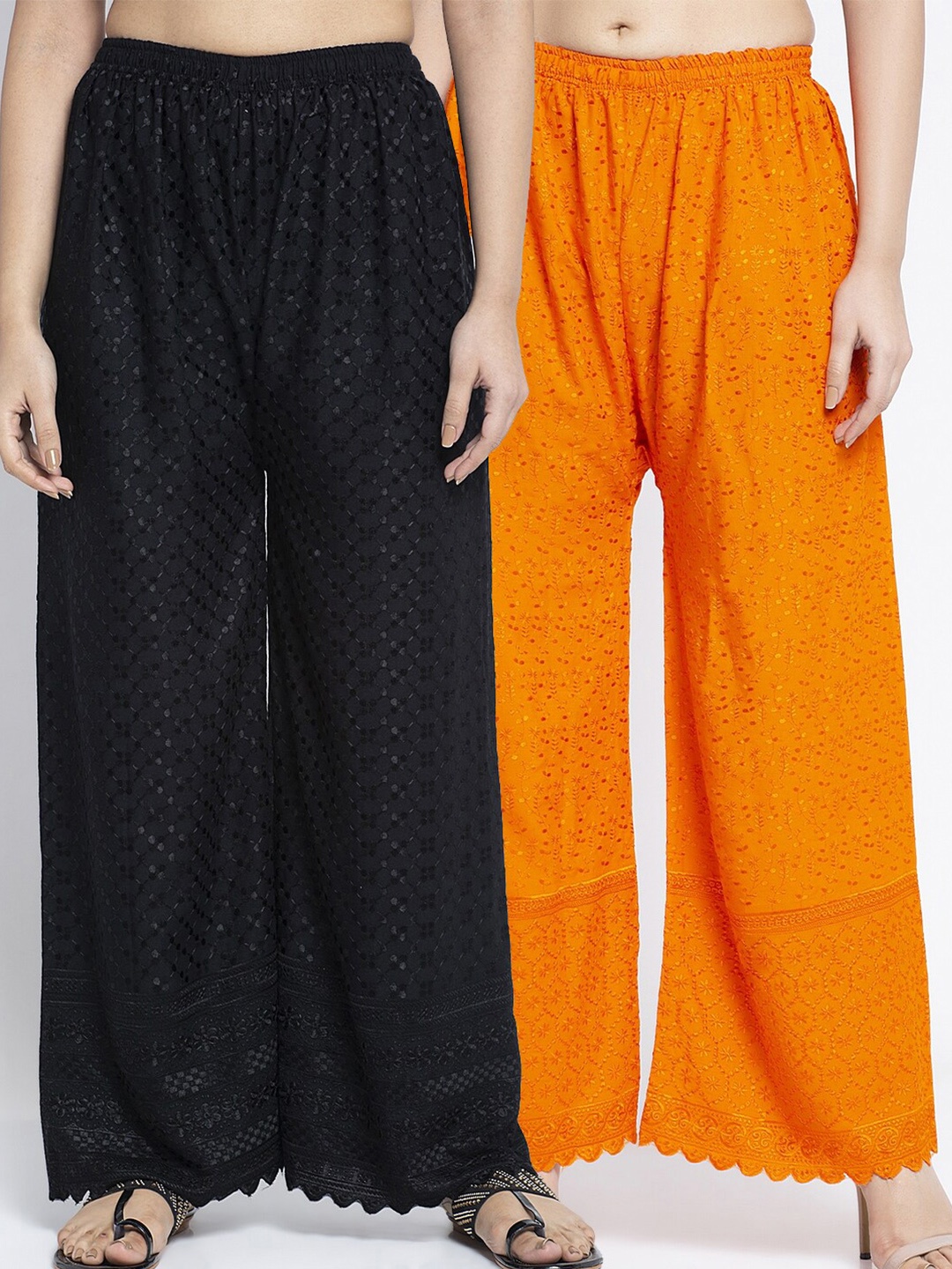 

GRACIT Women Black & Orange Embroidered Wide Leg Palazzos