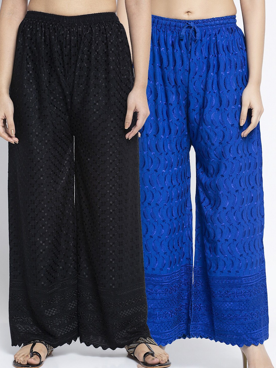 

GRACIT Women Pack Of 2 Black & Blue Embroidered Wide Leg Palazzos