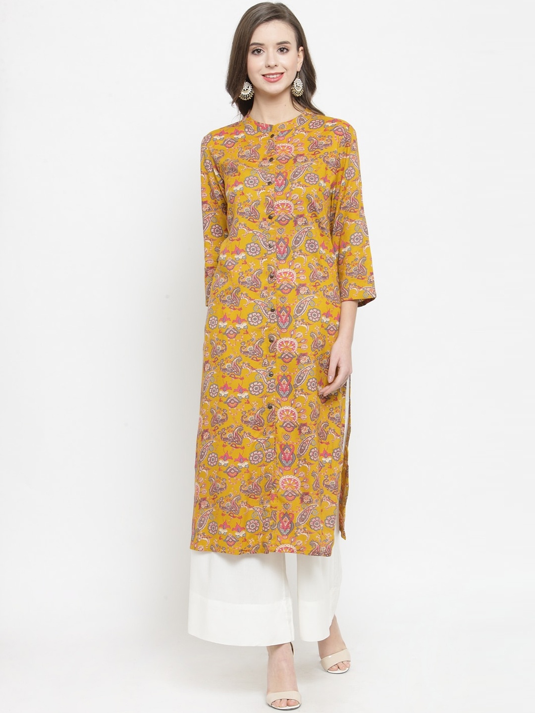 

Varanga Women Mustard & Grey Floral Printed Regular Straight Kurta with Palazzos