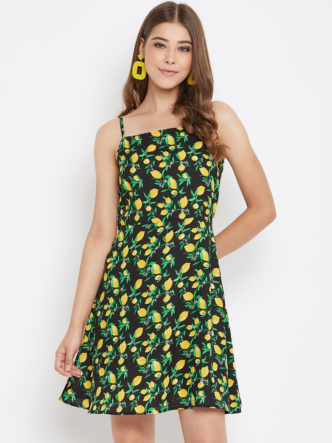 

Berrylush Black & Yellow Floral Crepe A-Line Dress