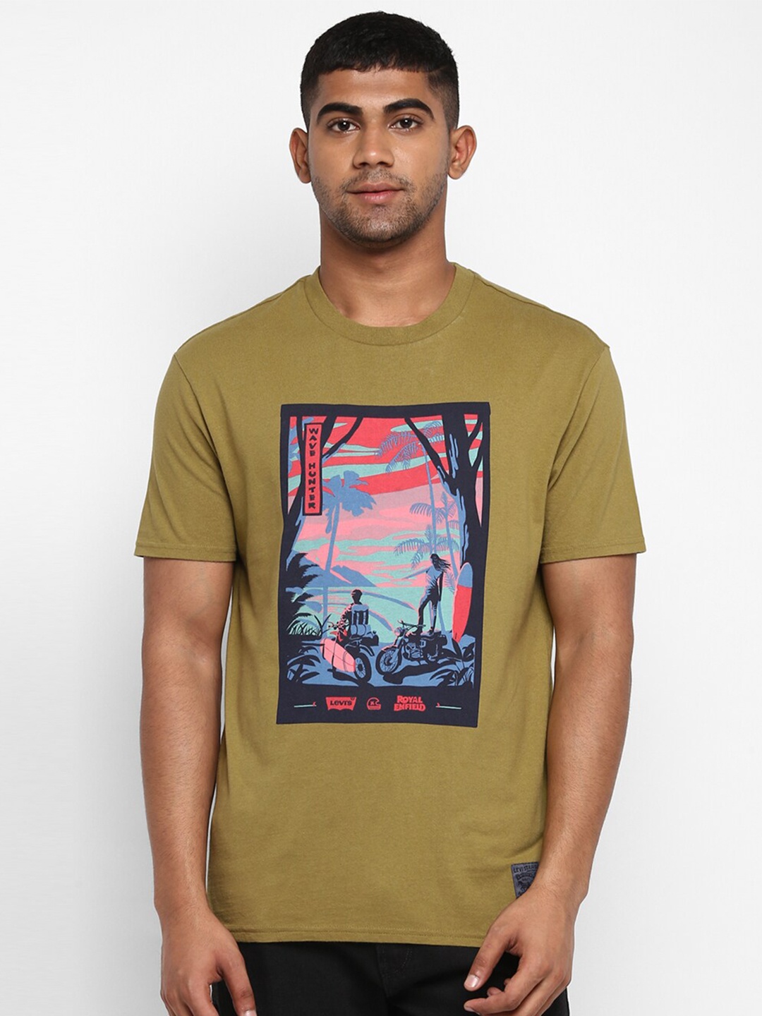 

Royal Enfield Men Solid Dyed Olive Green Printed Round Neck Pure Cotton T-shirt