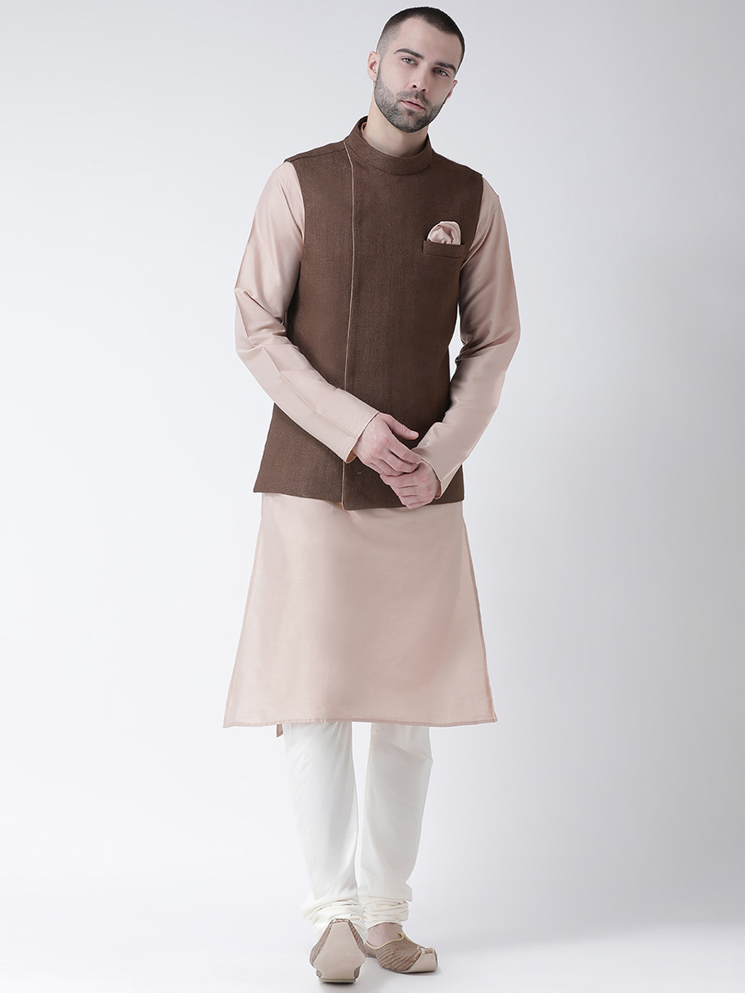 

KISAH Men Brown & White Layered Straight Kurta & Pyjamas With Jacket