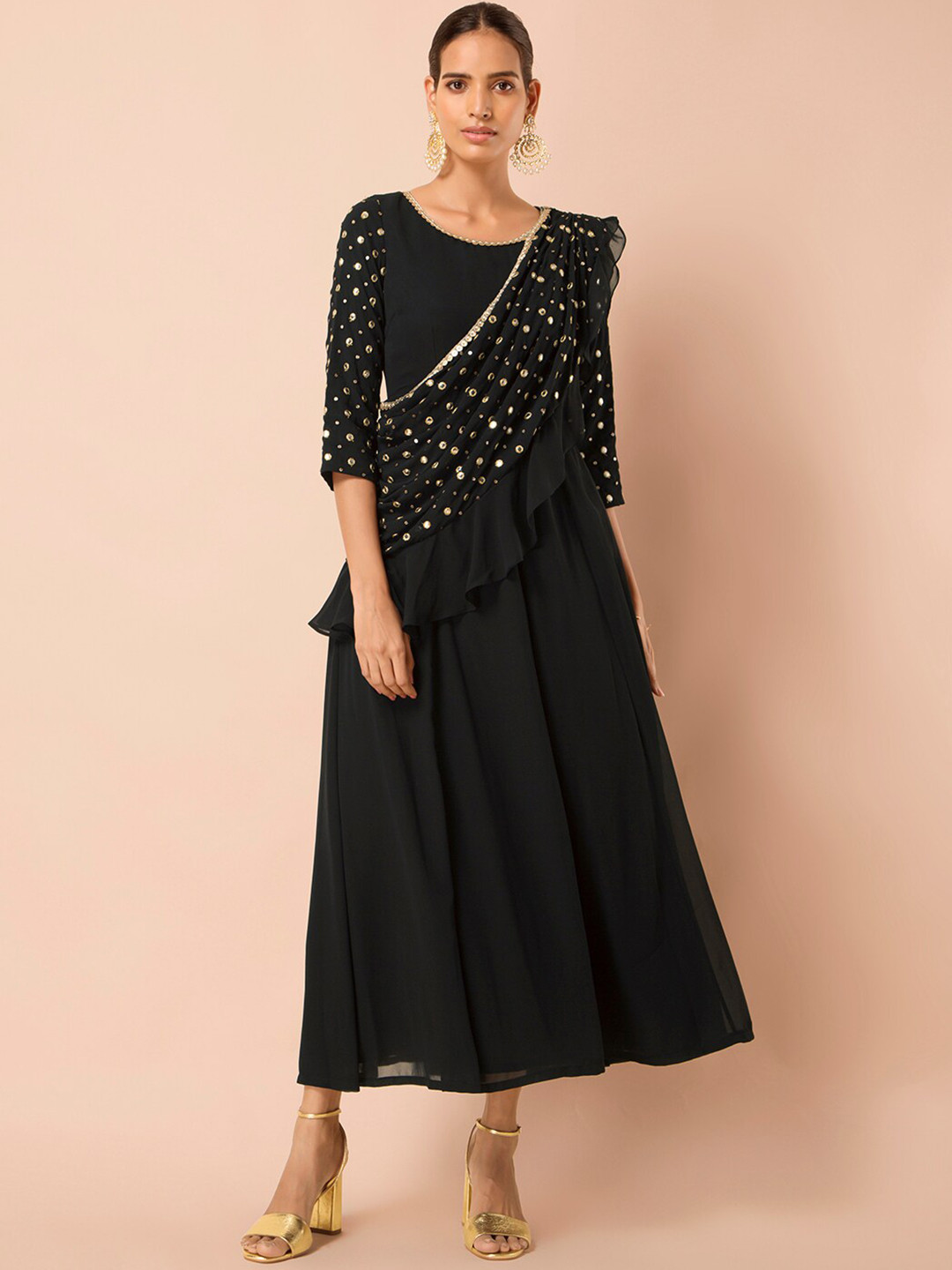 

INDYA Black Mirror Ruffle Dupatta Maxi Dress