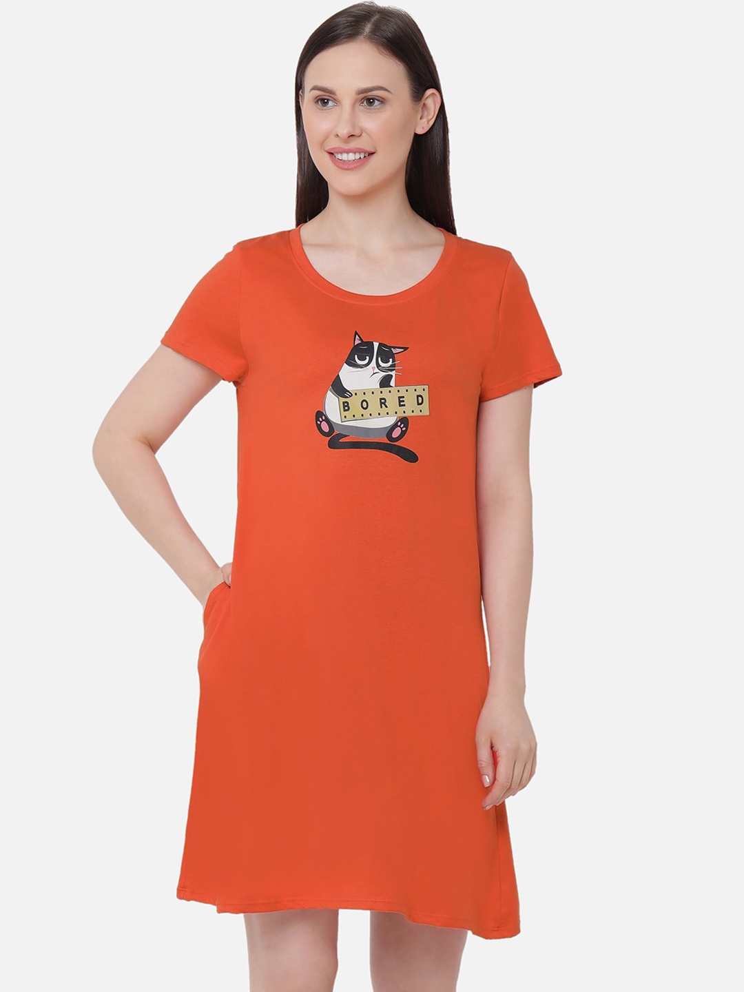 

Soie Women Orange & Black Cotton Printed Sleep Shirt