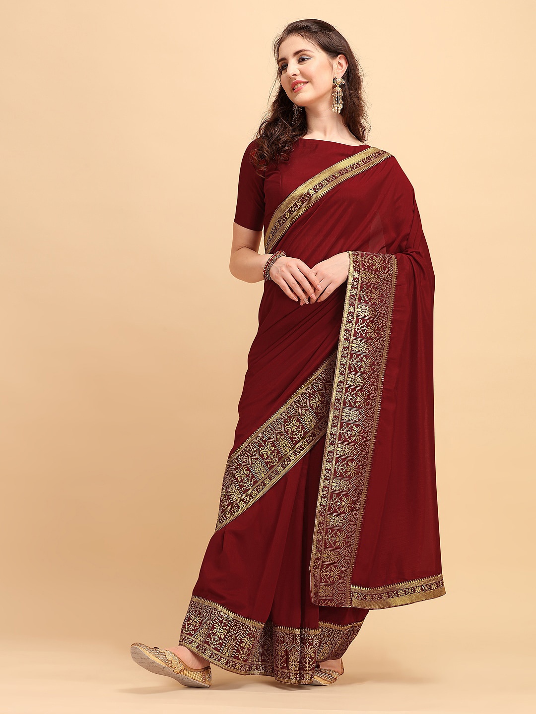 

Sangria Maroon Embroidered Saree