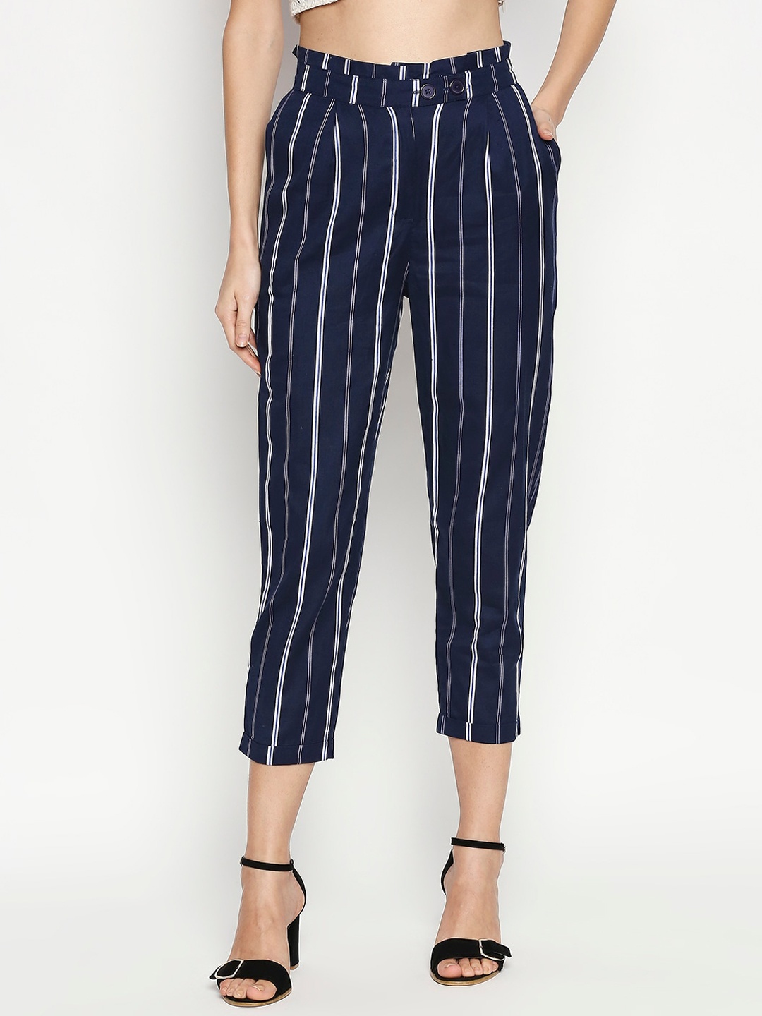 

People Women Blue Pure Cotton Tapered Fit Striped Regular Trousers