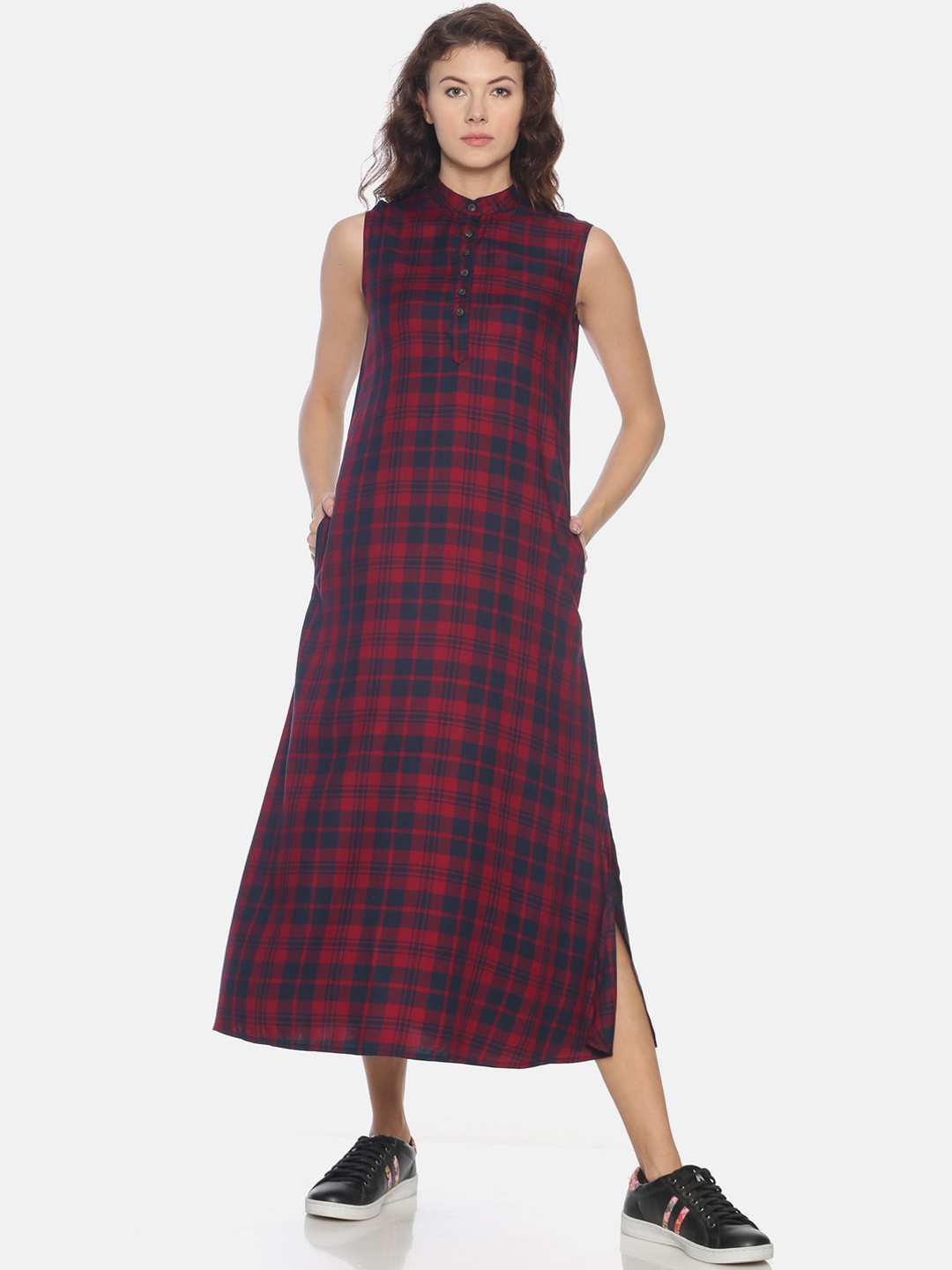 

Campus Sutra Women Maroon & Navy Blue Pure Cotton Checked A-Line Midi Dress