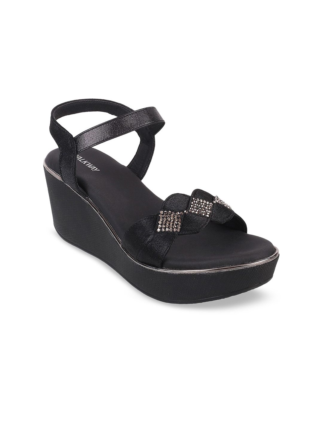 

WALKWAY by Metro Women Black & Gunmetal-Toned Embellished & Braided Wedges