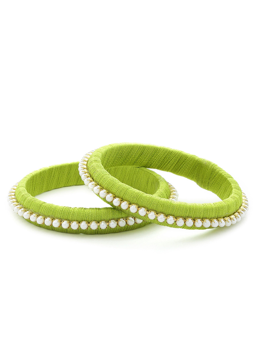 

AKSHARA Girls Set of 2 Green & White Pearl-Studded Handcrafted Silk Thread Bangles