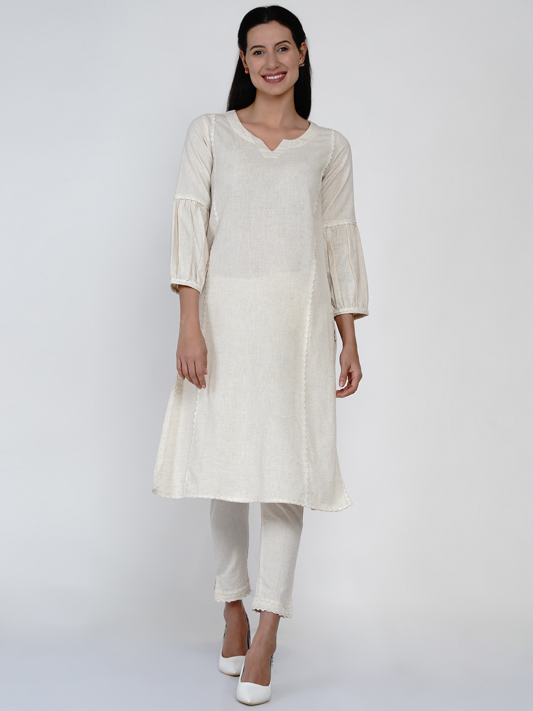 

FABNEST Women Off White Lace Insert Detailed Kurta