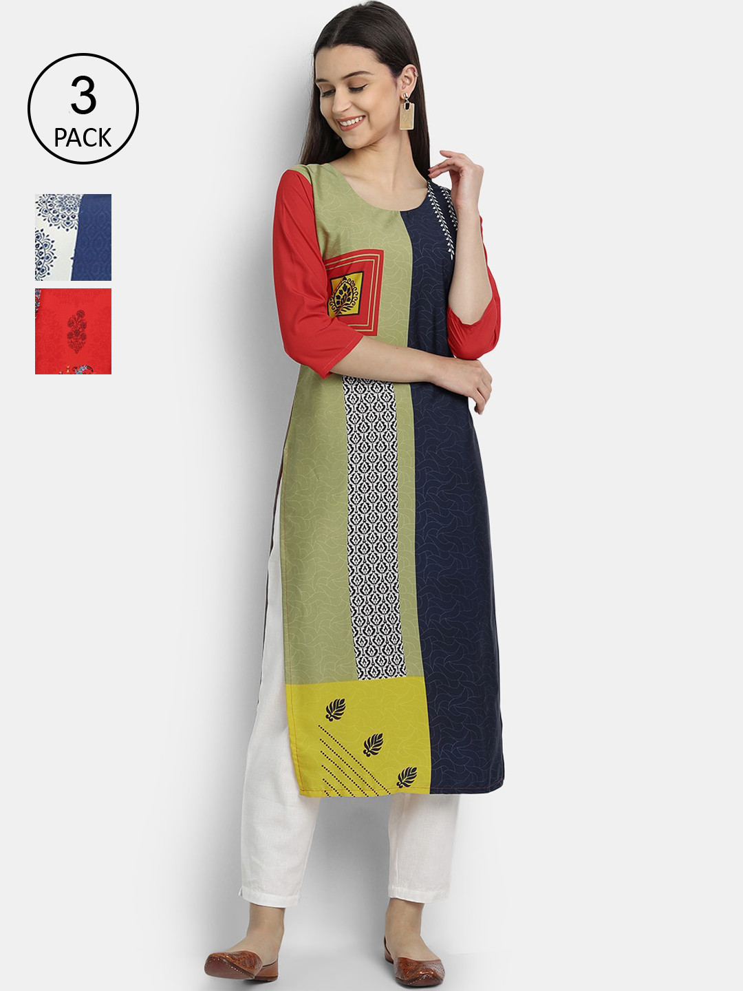 

Ethnic basket Women Pack Of 3 Geometric Printed Crepe Kurta, Olive