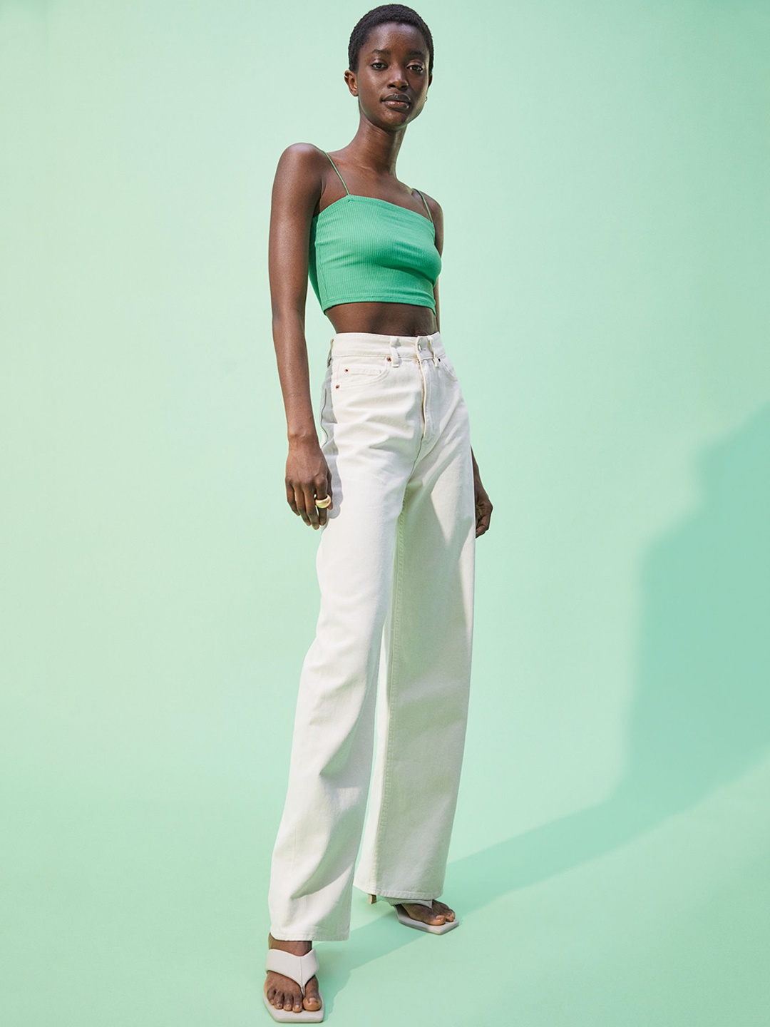 

H&M Women Green Solid Ribbed Crop Top