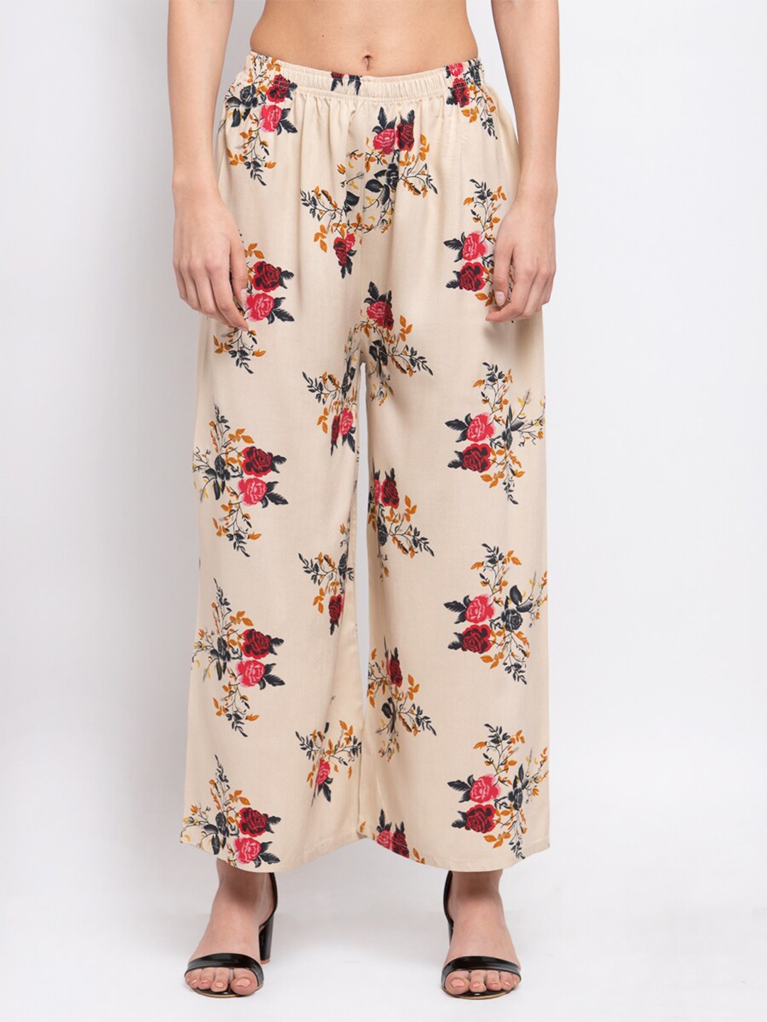 

KLOTTHE Women Beige & Red Printed Wide Leg Palazzos