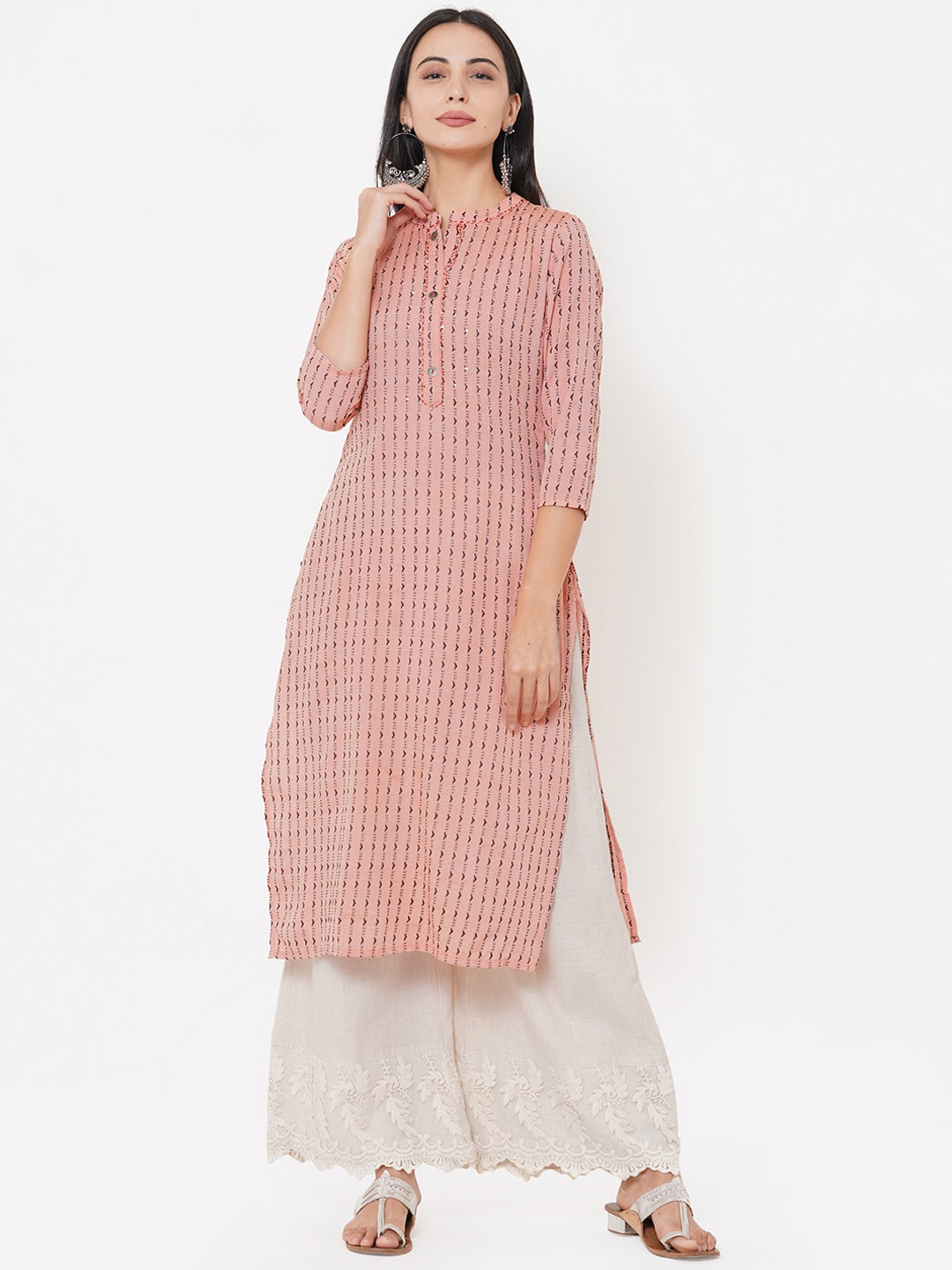 

FASHOR Women Peach-Coloured Embroidered Thread Work Kurta