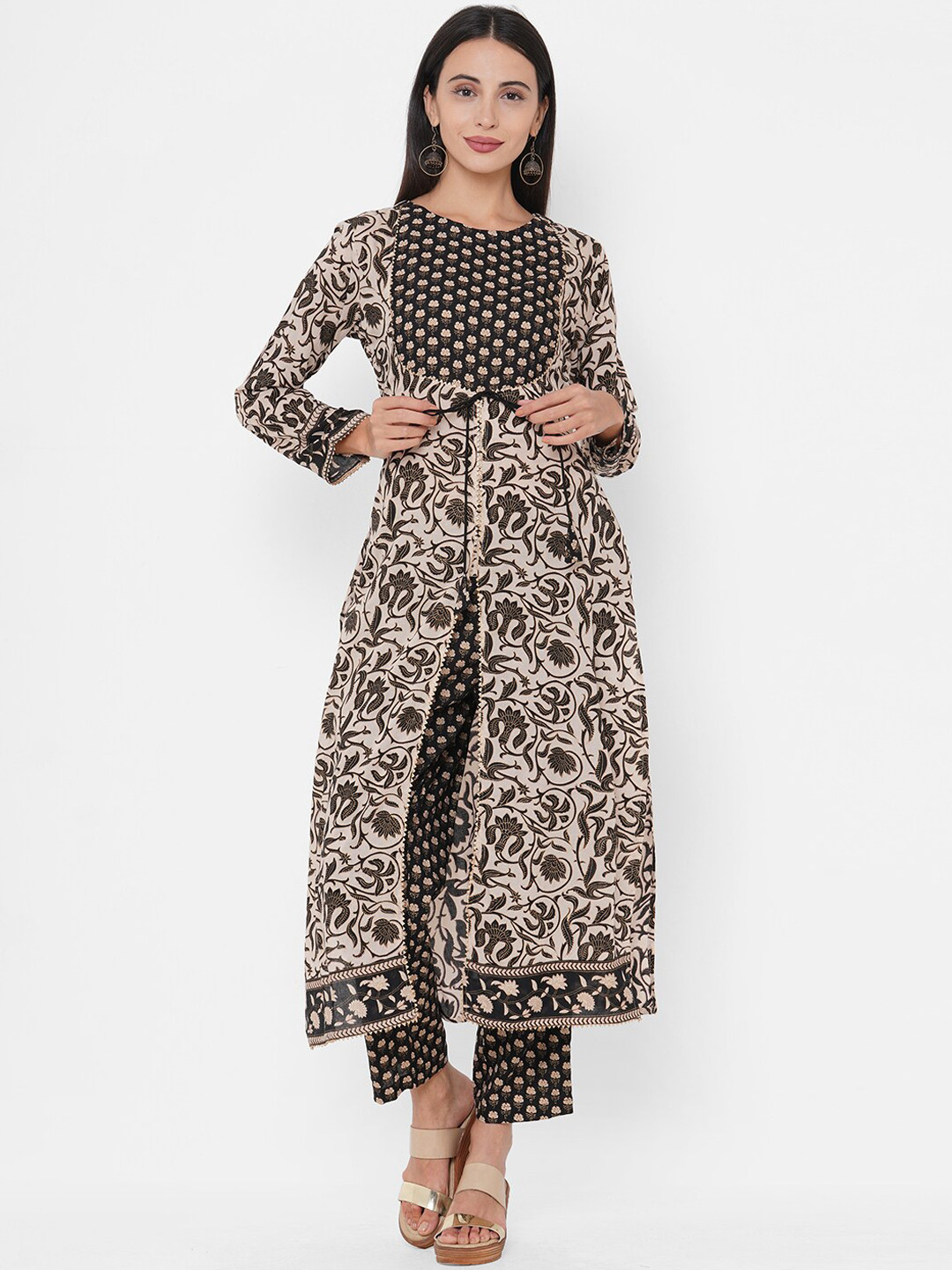 

FASHOR Women Black Jaal Foil Print Kurta with Trousers