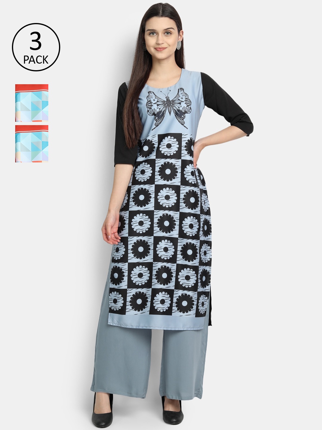 

Ethnic basket Women Pack Of 3 Ethnic Motifs Printed Thread Work Crepe Kurta, Blue