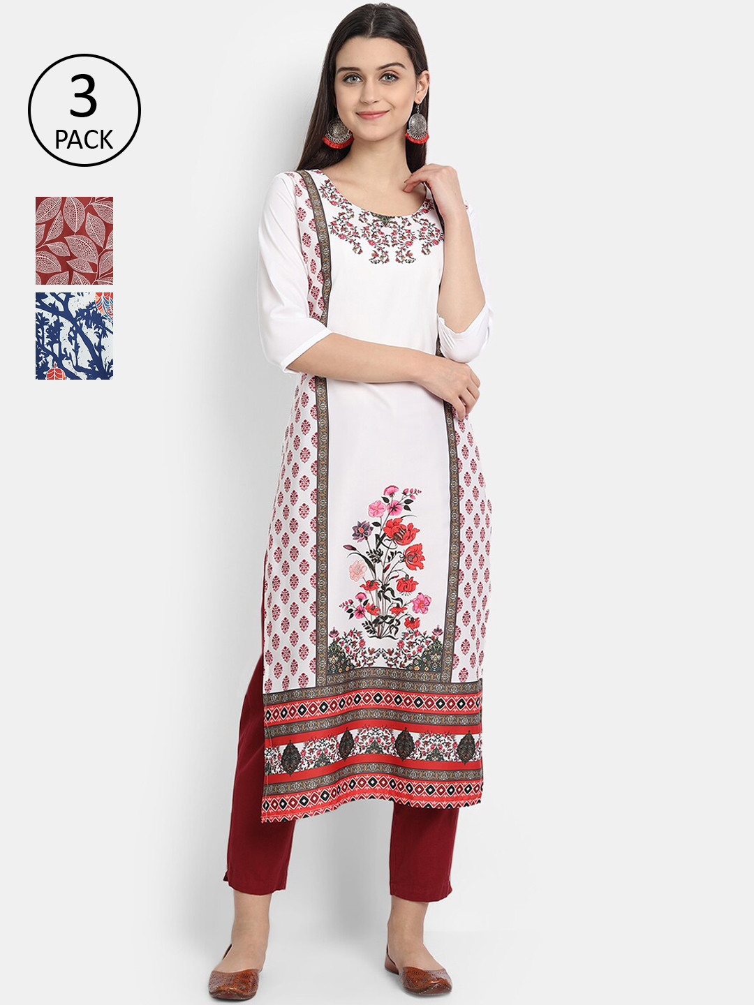 

Ethnic basket Women Pack Of 3 Multicoloured Floral Printed Crepe Kurta, Multi