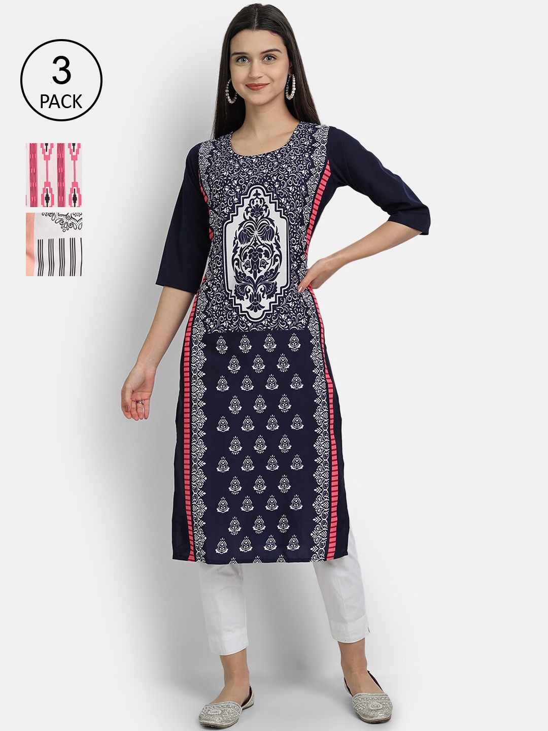 

Ethnic basket Women Pack Of 3 Multicoloured Printed Crepe Kurta, Multi