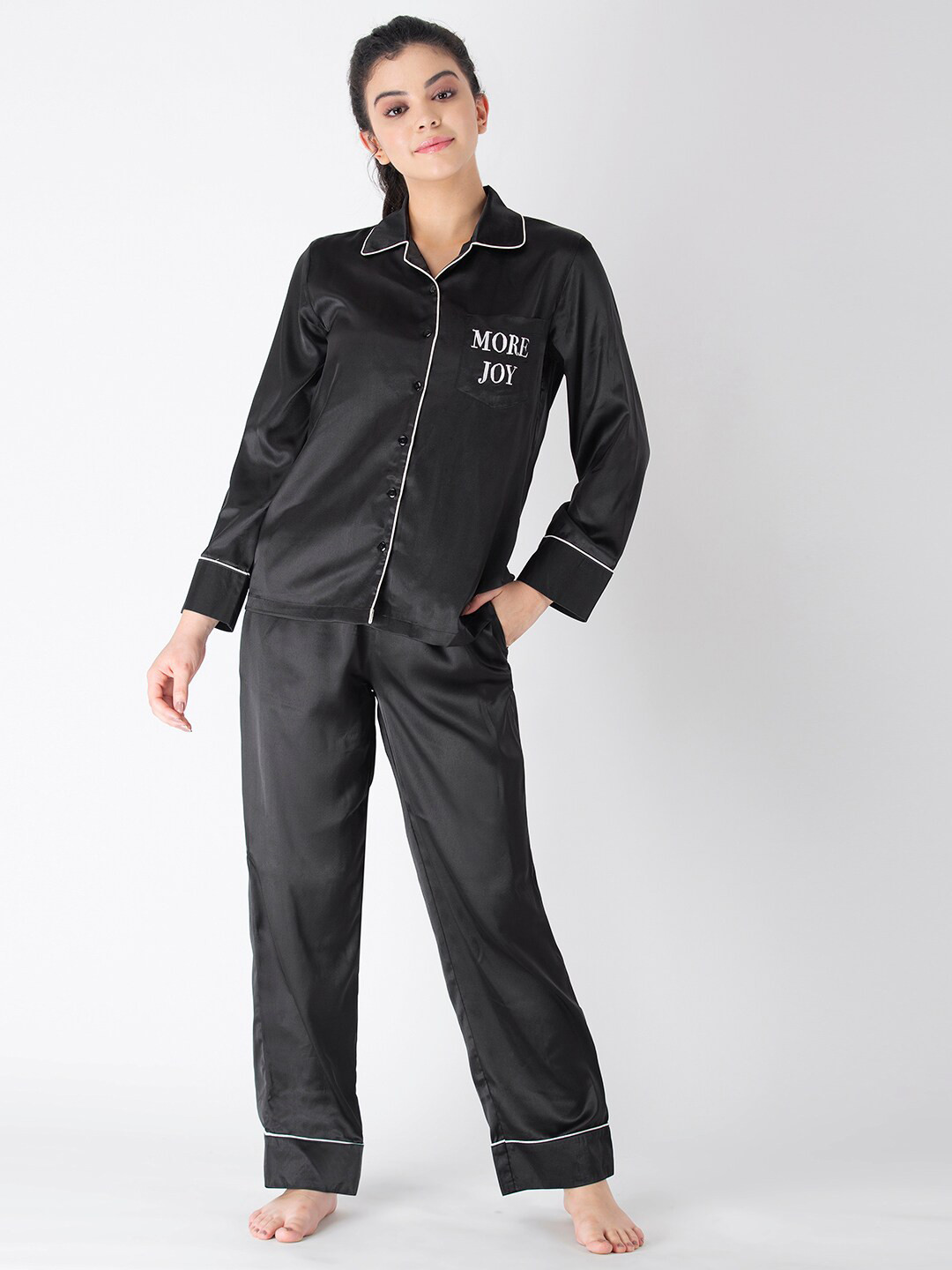 

ADORENITE Women Black Solid Satin Night suit