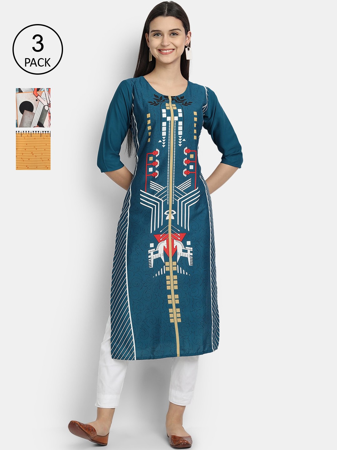 

Ethnic basket Women Pack Of 3 Multicoloured Geometric Printed Crepe Kurtas, Multi