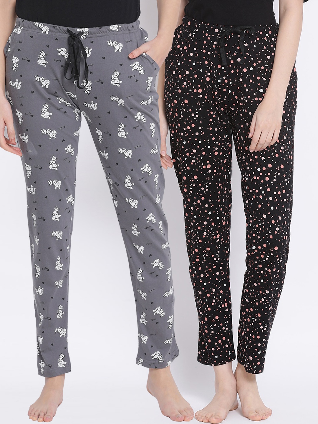 

Kanvin Women Pack Of 2 Printed Cotton Lounge Pants, Grey