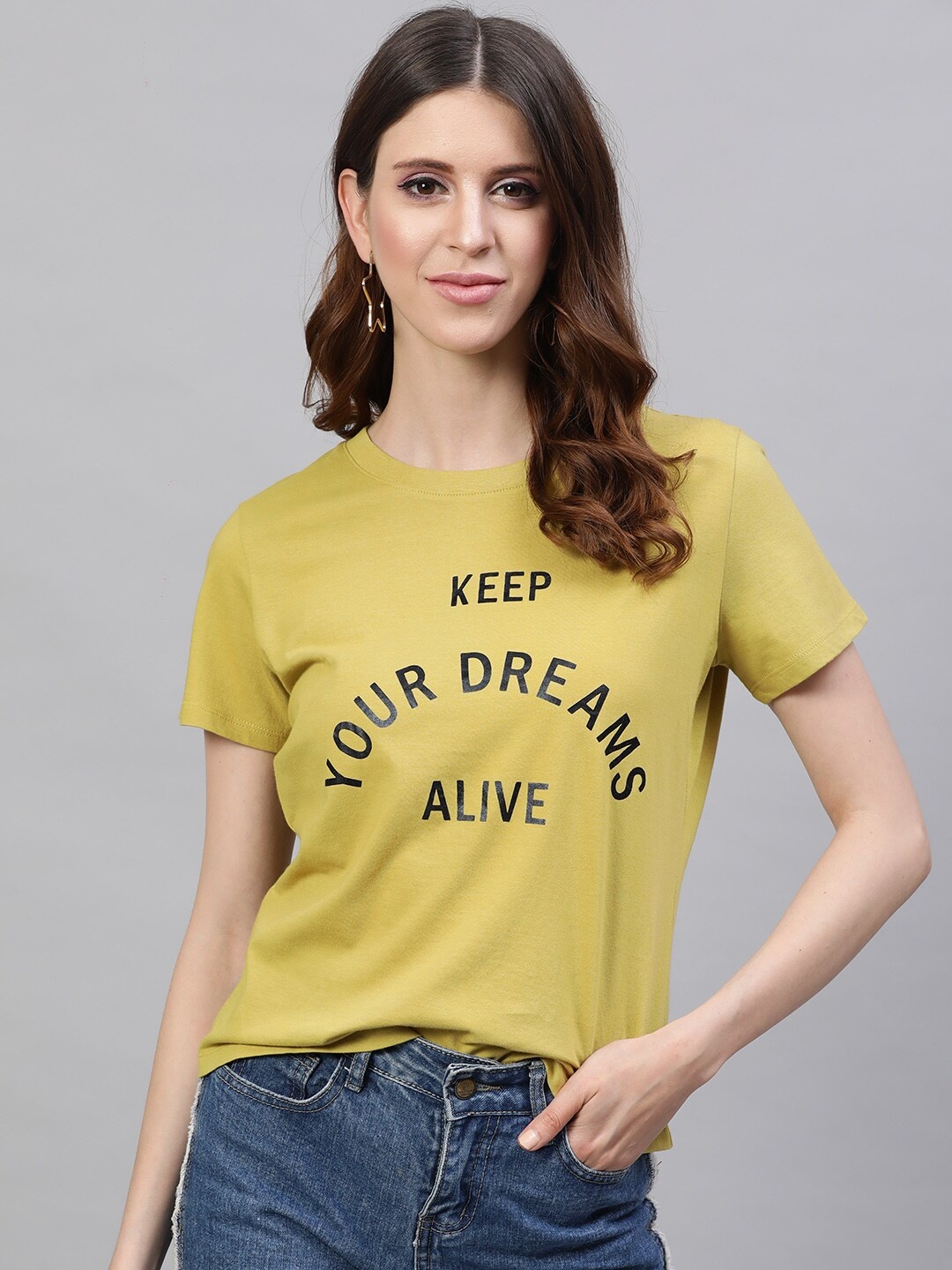 

STREET 9 Women Mustard Yellow Printed Round Neck Cotton Pure Cotton T-shirt