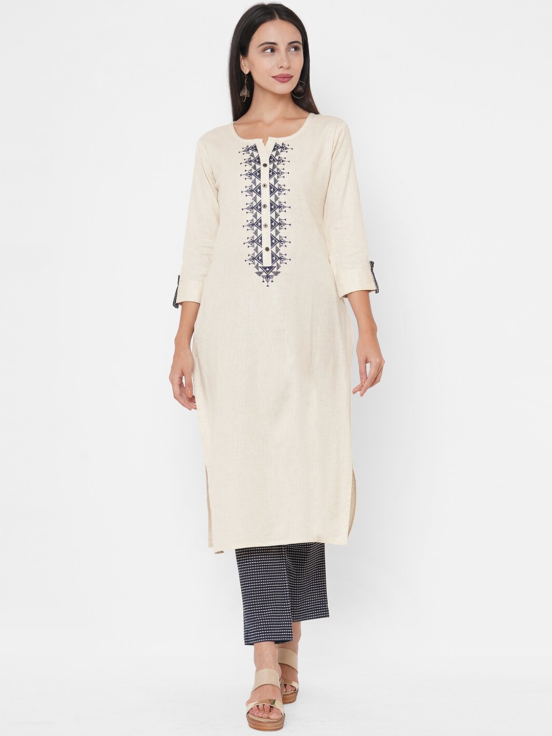

FASHOR Women Off White Organic Cotton Handloom Kurta with Trousers