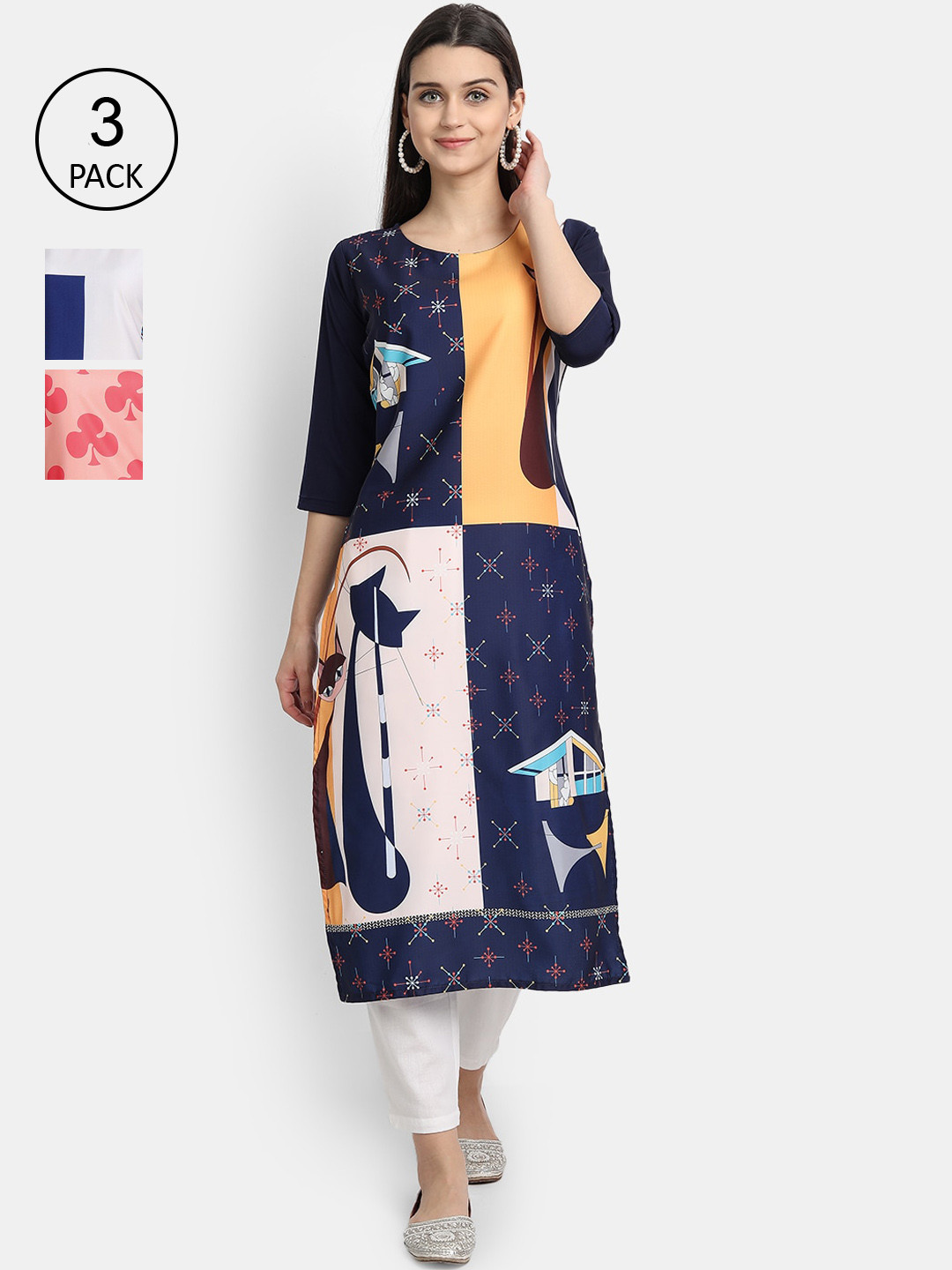 

Ethnic basket Women Pack Of 3 Multicoloured Ethnic Motifs Printed Crepe Kurta, Multi
