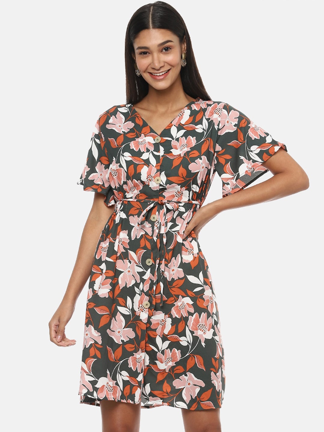

Campus Sutra Women Olive Green & Pink Floral Print A-Line Dress & Belt
