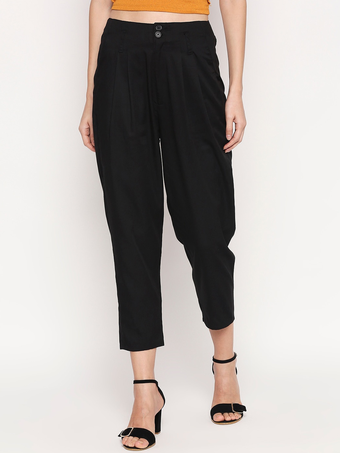 

People Women Black Tapered Fit High-Rise Pleated Regular Trousers