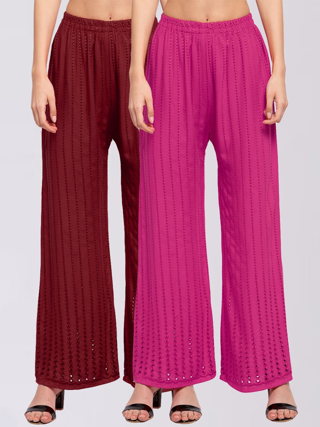 

KLOTTHE Women Pack of 2 Maroon & Pink Embroidered Wide Leg Palazzos