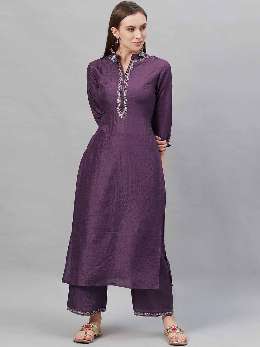 

Indo Era Women Purple Embroidered Straight Kurta & Palazzos